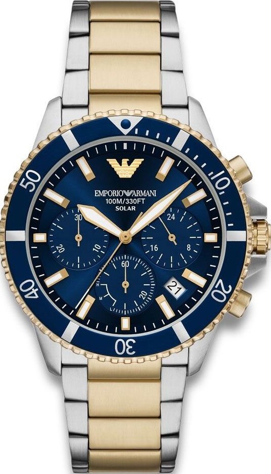 萬年鐘錶 - ARMANI  亞曼尼 精品腕錶 太陽能探險家海軍藍面盤三眼不鏽鋼男錶  AR11740 錶徑43MM