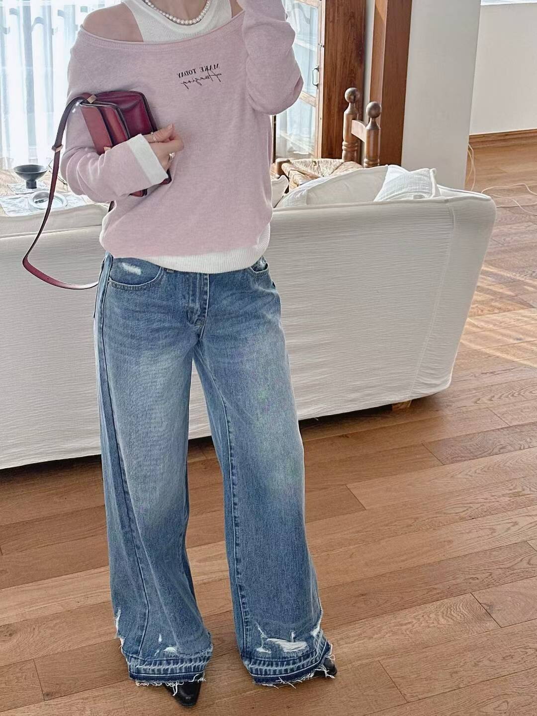 造型洗破褲腳牛仔褲