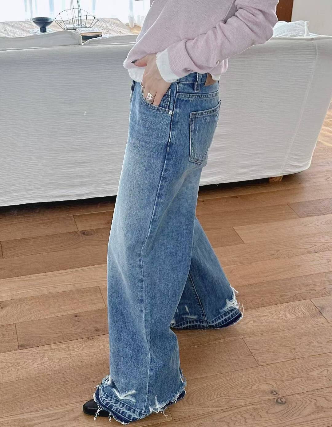 造型洗破褲腳牛仔褲