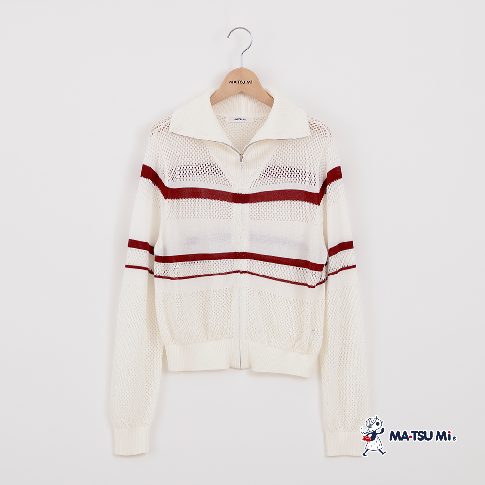 MA‧TSU Mi 撞色條紋網狀運動風長針織外套(米.紅)