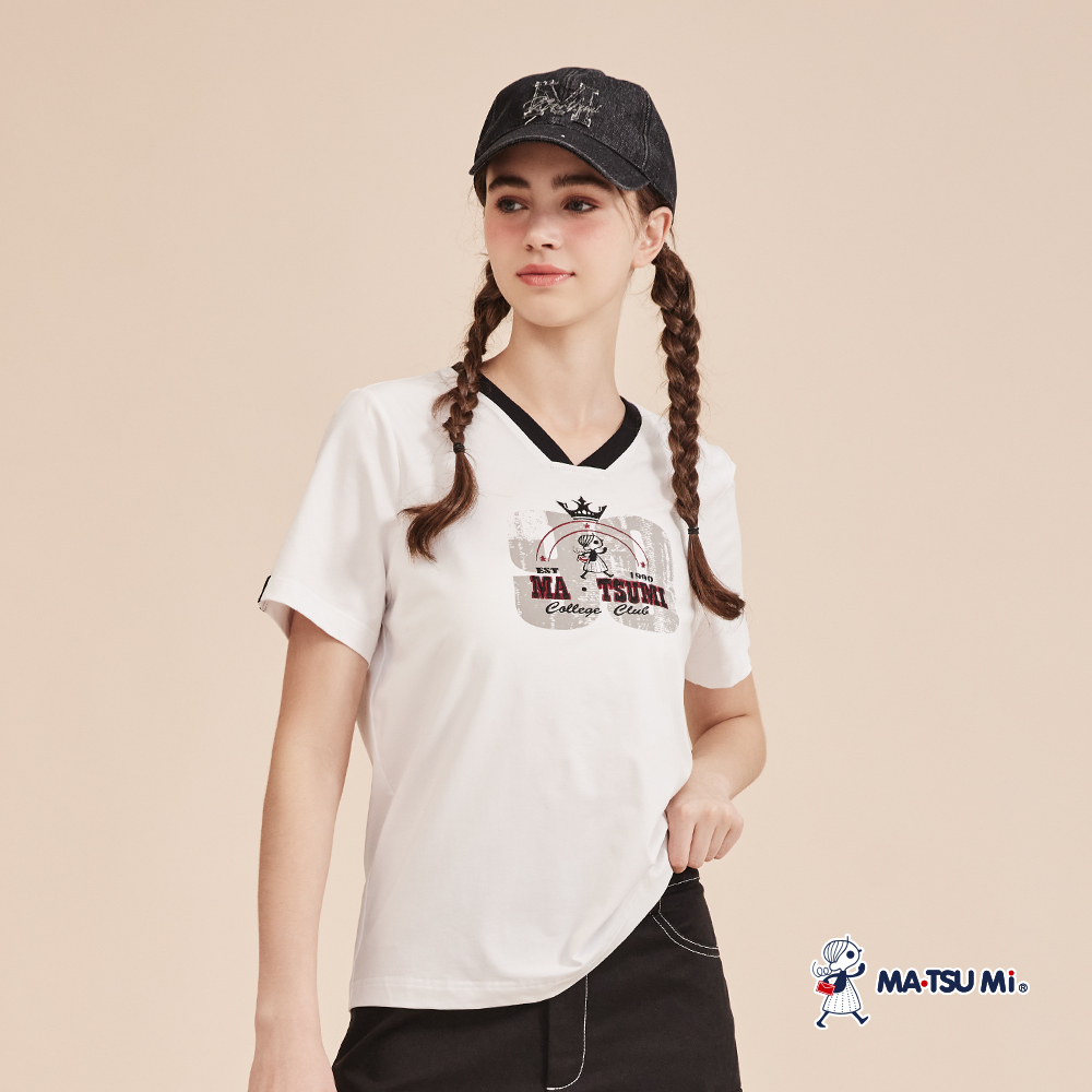 MA‧TSU Mi 寬鬆感撞色V領運動風繡花短袖上衣(白)