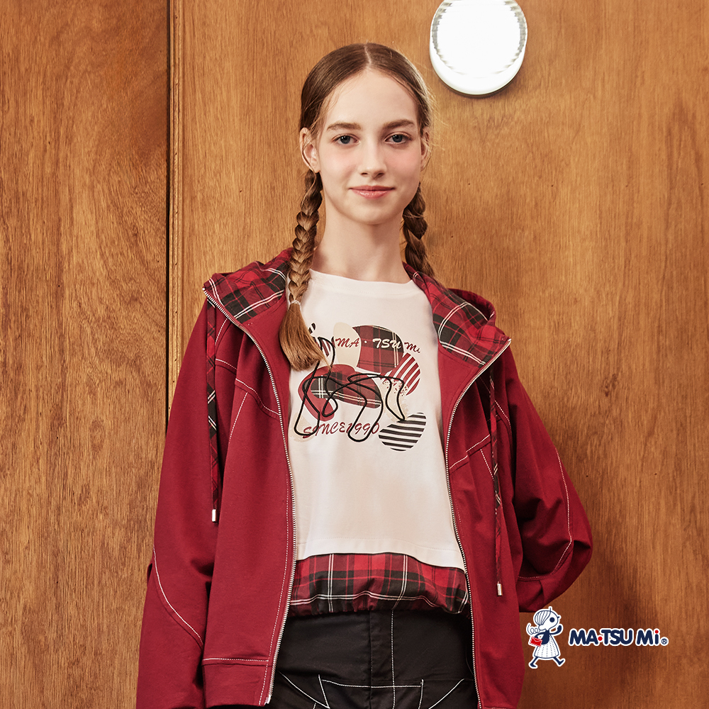 MA‧TSU Mi 休閒風拼接格紋抽象幾何圖案短袖上衣(白)