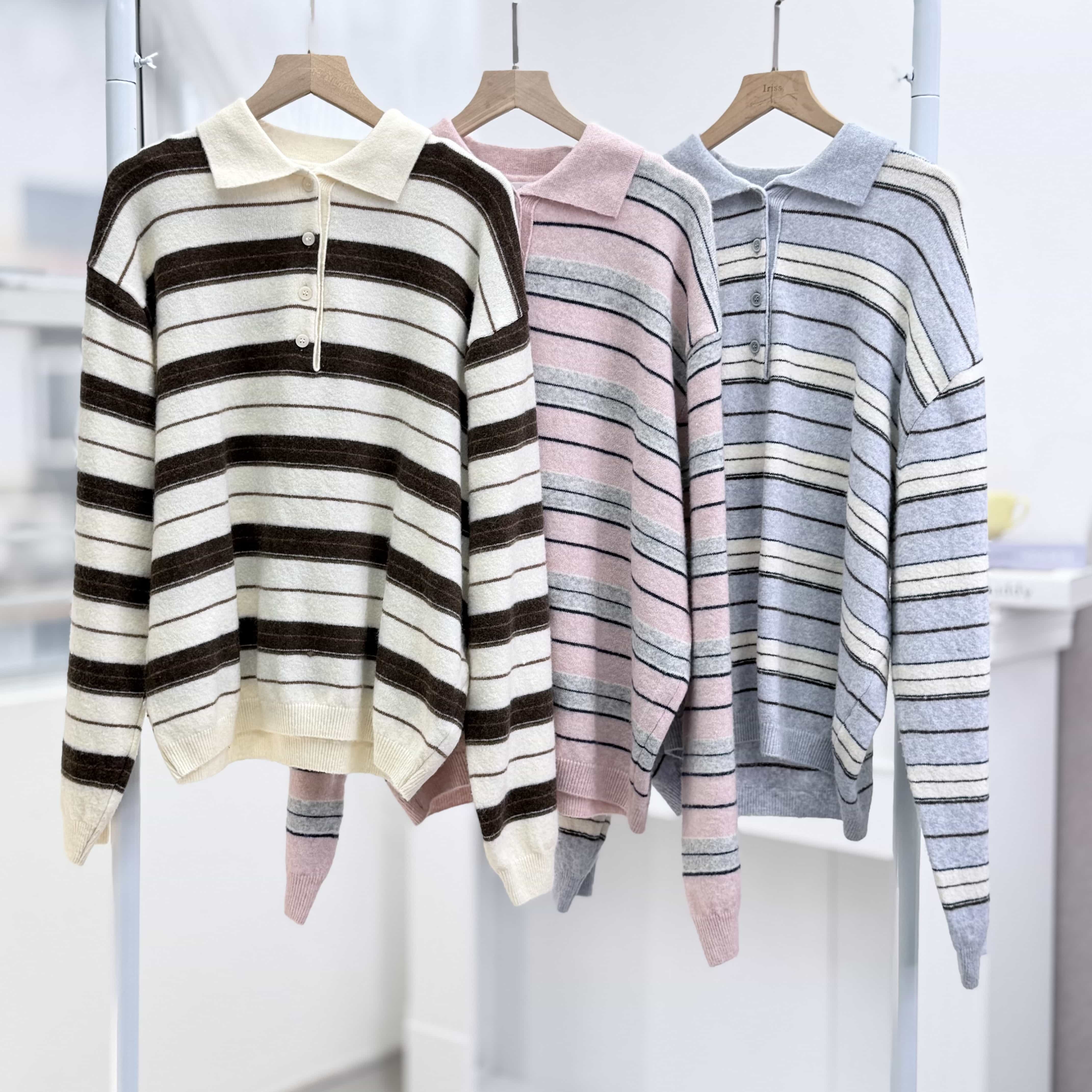 H1007🤎撞色條紋Polo上衣