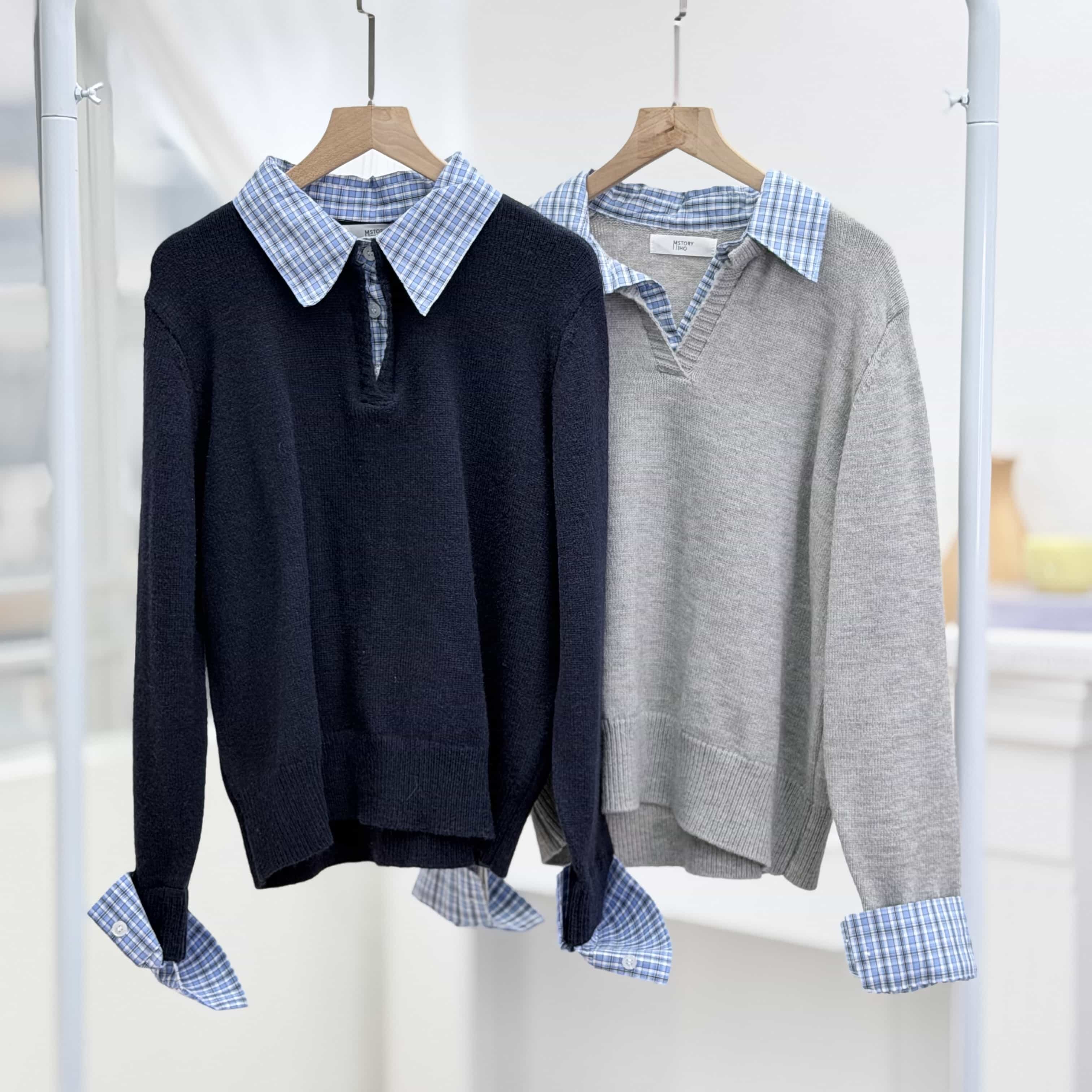 H1008🤎格紋襯衫拼接假兩件