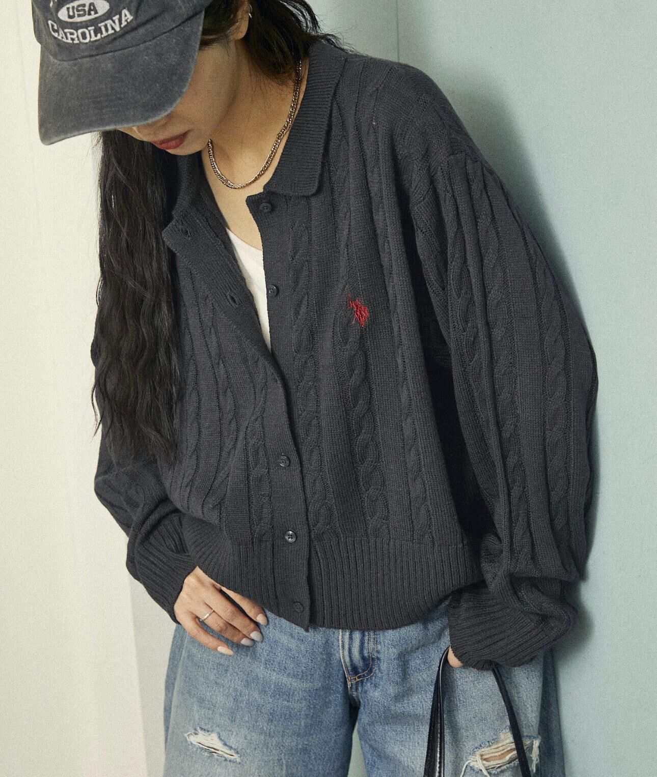 【預購】JN021101 U.S. POLO ASSN. 翻領麻花編織針織外套