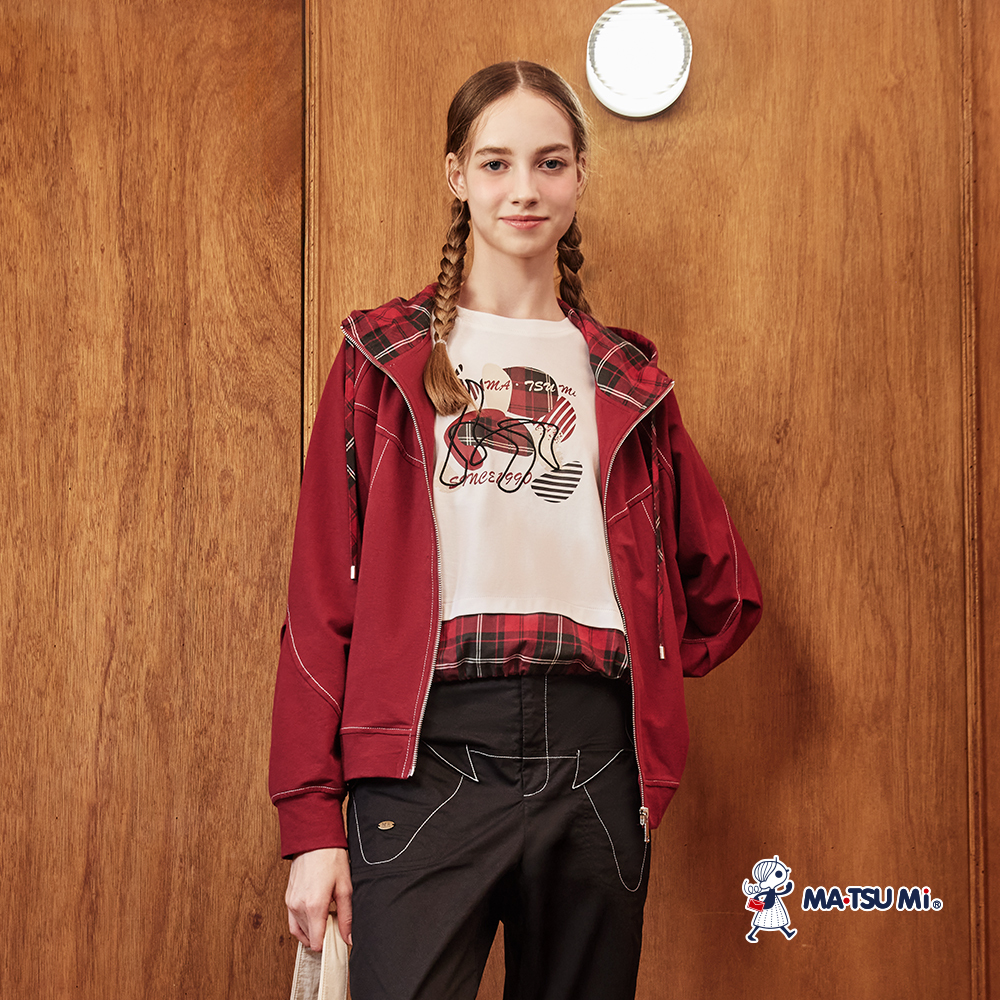MA‧TSU Mi 休閒寬鬆學院風拼接格紋外套(紅.黑)