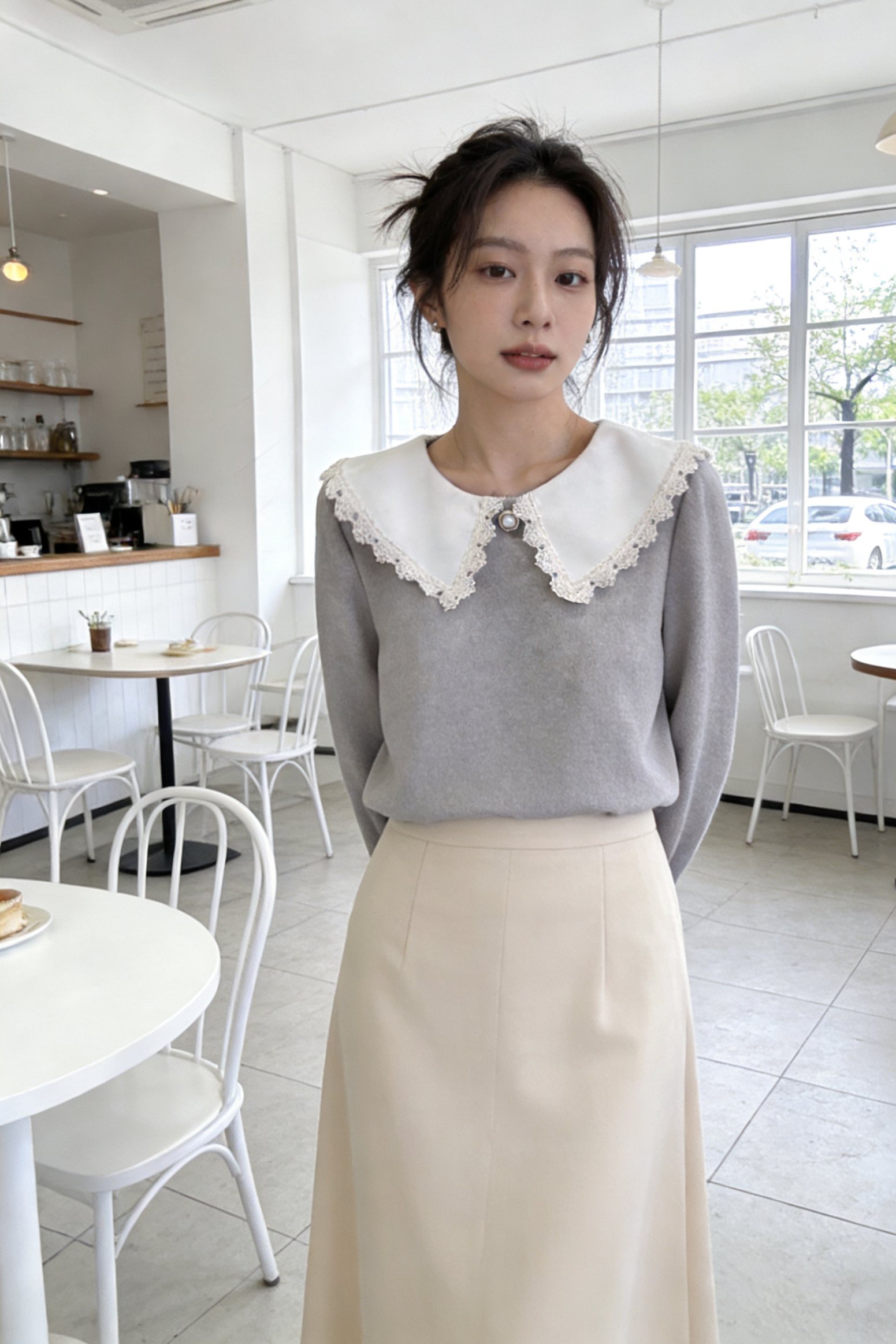 H1013🤎花邊大翻領上衣