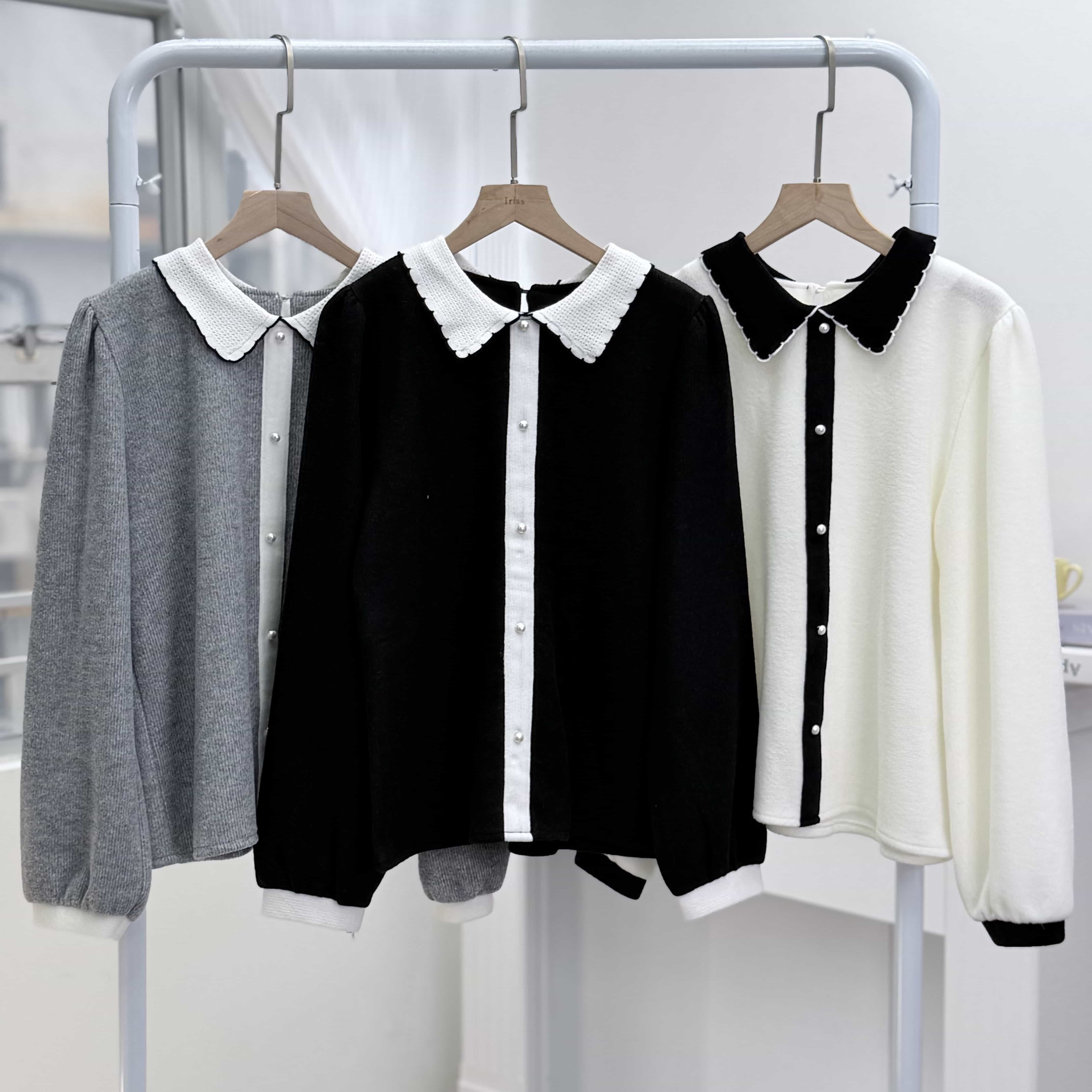 H1014🤎撞色花邊翻領上衣