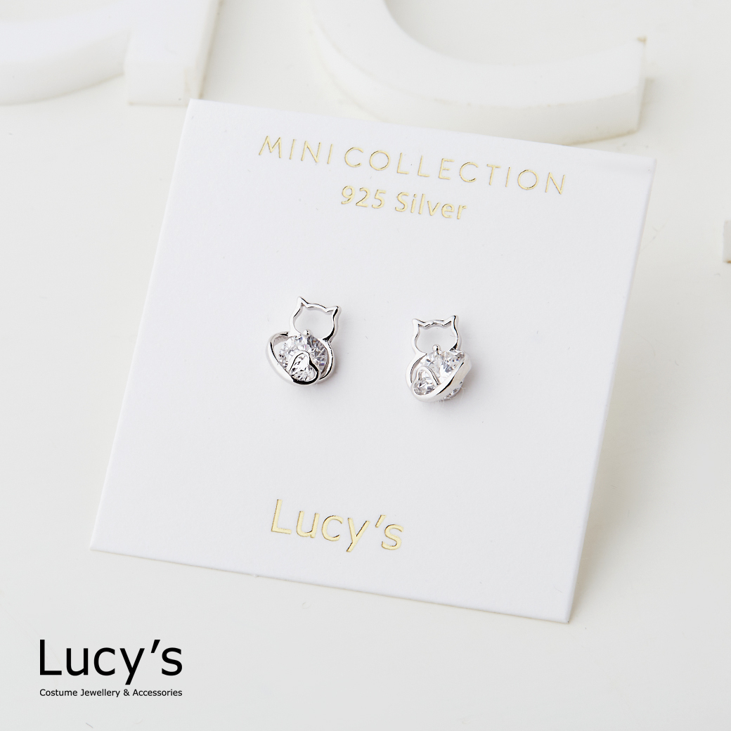 925純銀〔輕銀系列〕晶鑽貓咪 耳環 (126392)