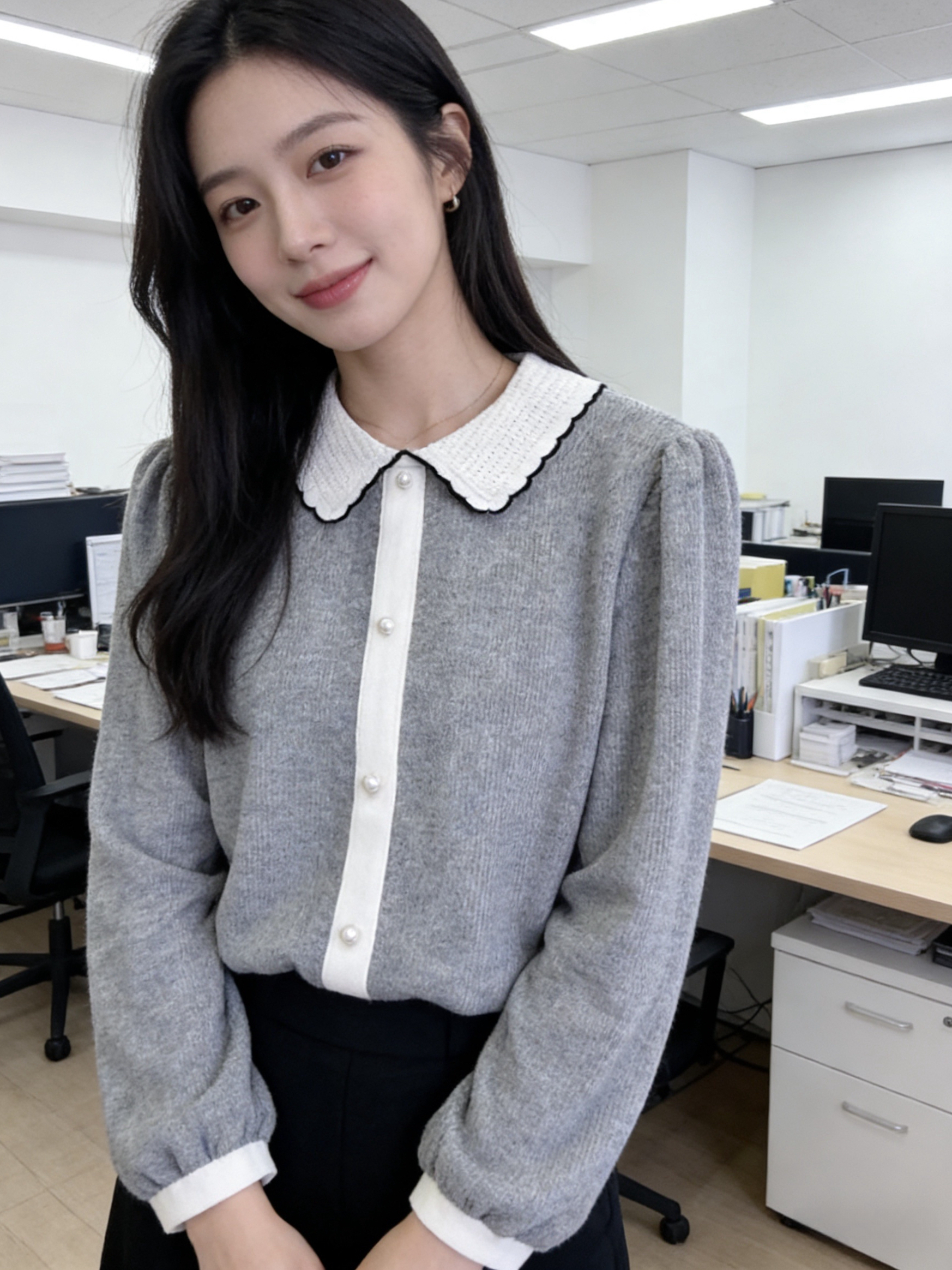 H1014🤎撞色花邊翻領上衣