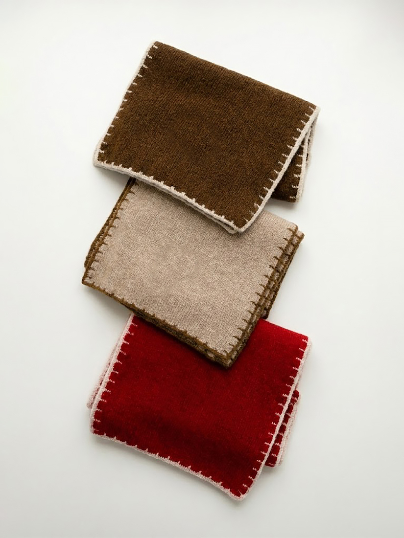 跳色縫線織紋毛呢針織圍巾