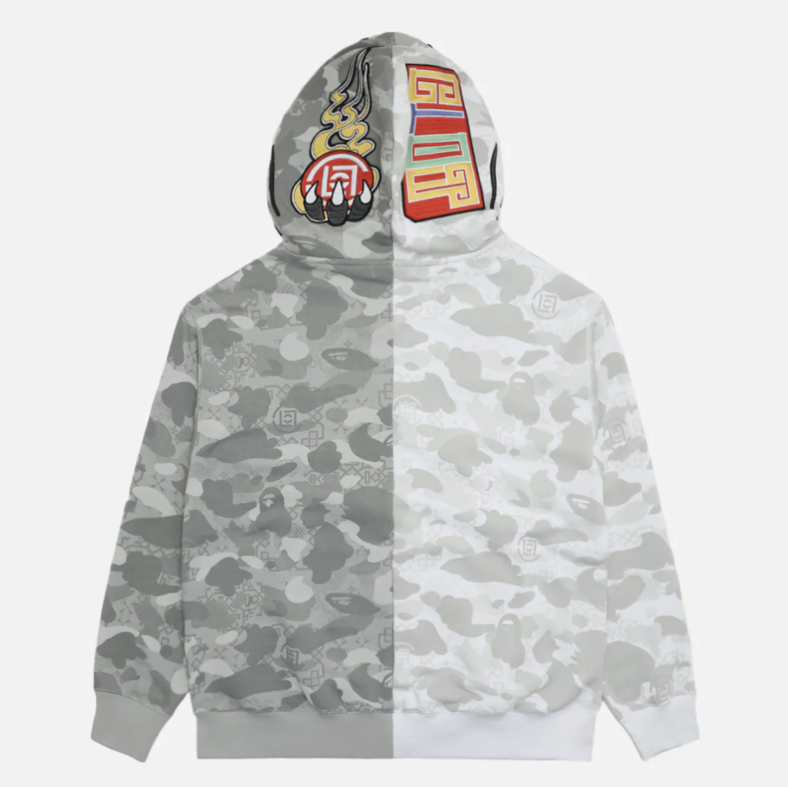 -(B021)-A BATHING APE X CLOT BAPE CAMO SPLIT SHARK RELAXED FIT FULL ZIP HOODIE 聯名款 鯊魚外套 白灰 陰陽-1L73115917