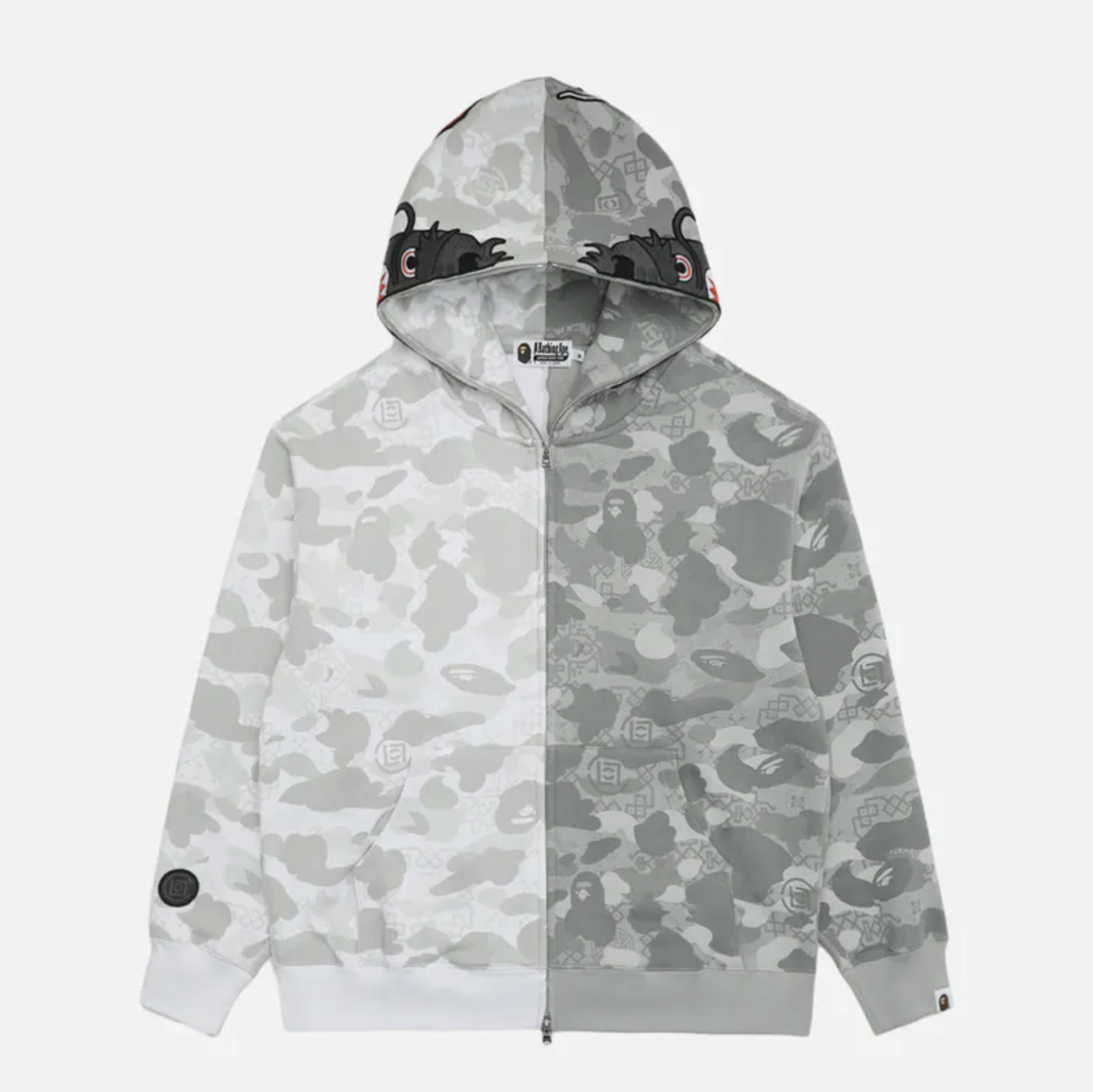 -(B021)-A BATHING APE X CLOT BAPE CAMO SPLIT SHARK RELAXED FIT FULL ZIP HOODIE 聯名款 鯊魚外套 白灰 陰陽-1L73115917