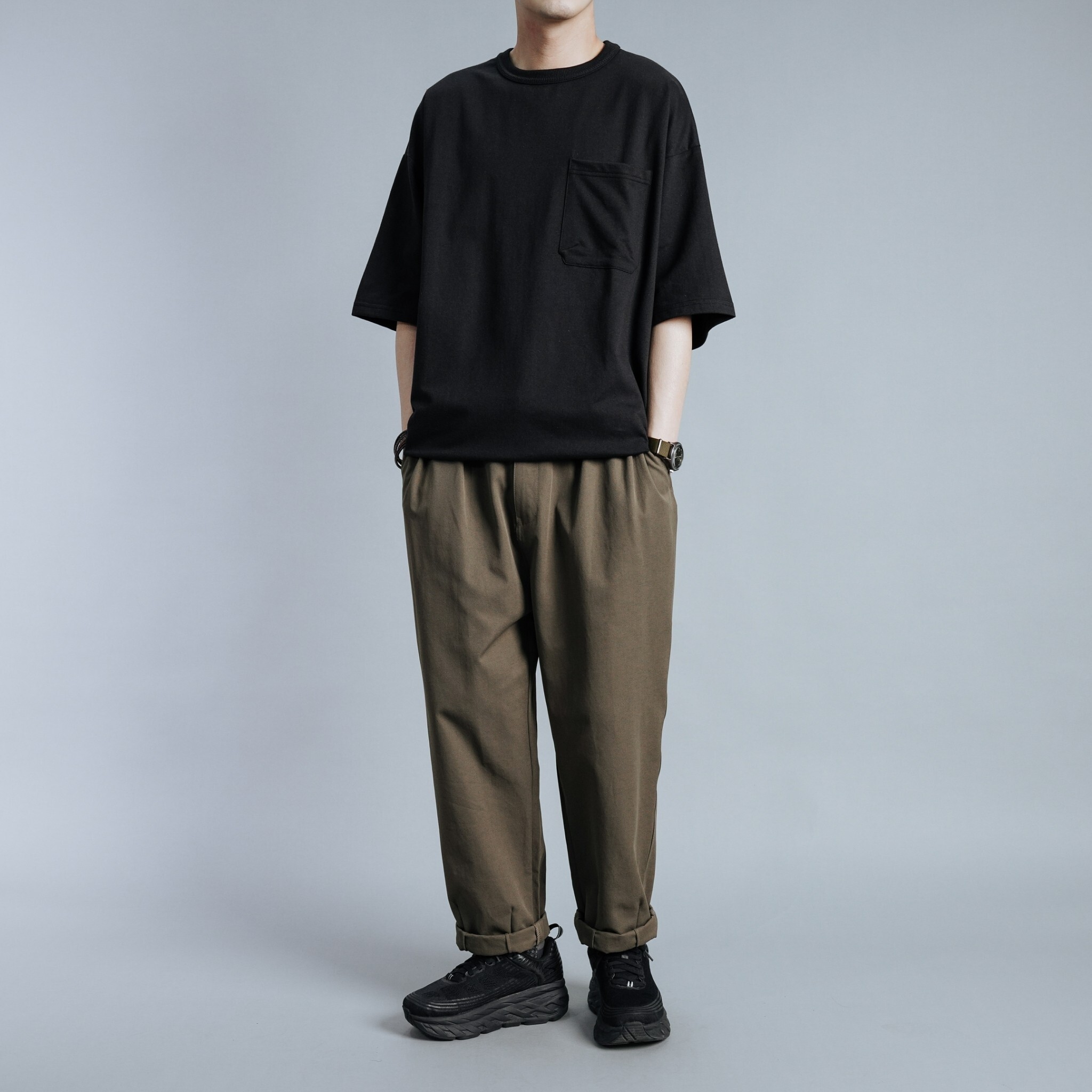 <台灣現貨> 厚磅微彈日系繭型褲 051 黑/卡其/灰 三色