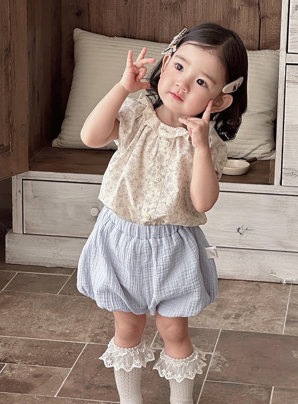 蔚藍花圈上衣+泡泡短褲(73-100)