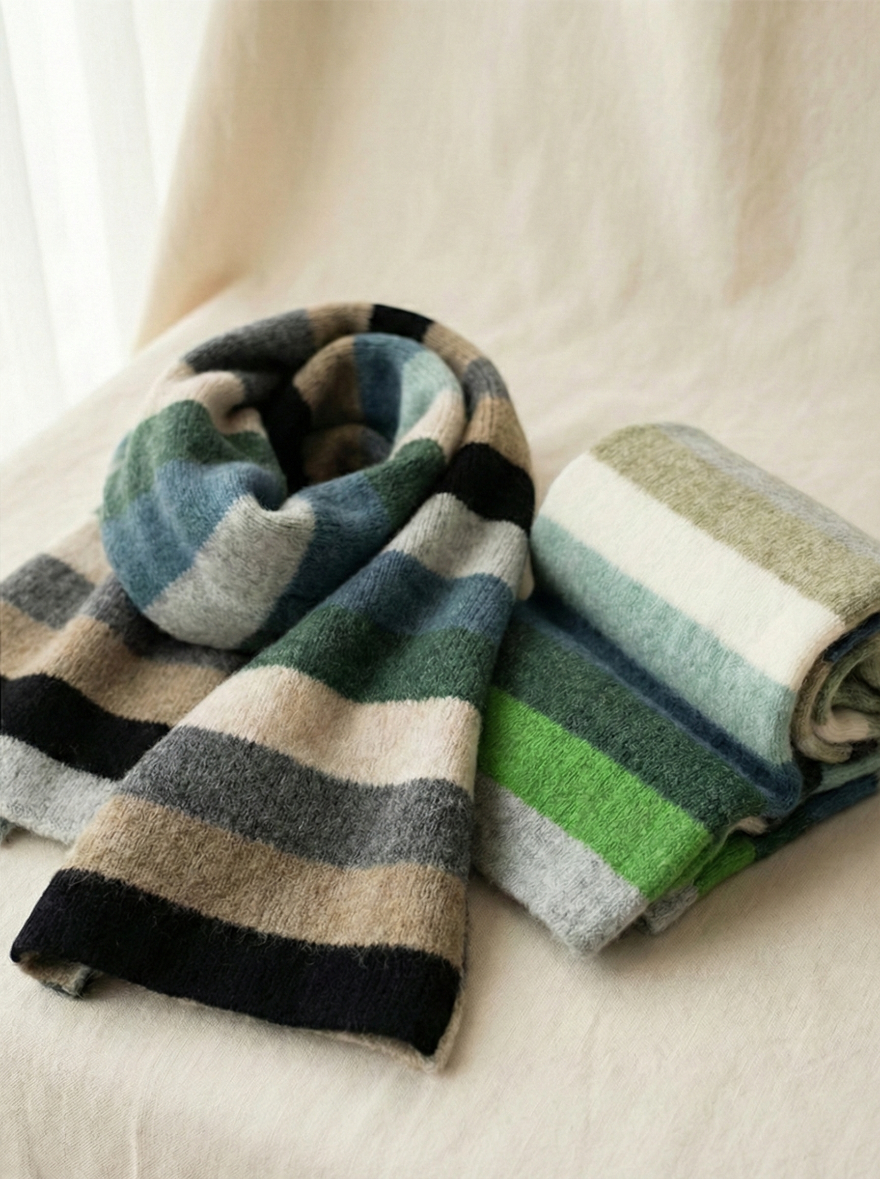 輕暖混羊毛寬條紋針織圍巾