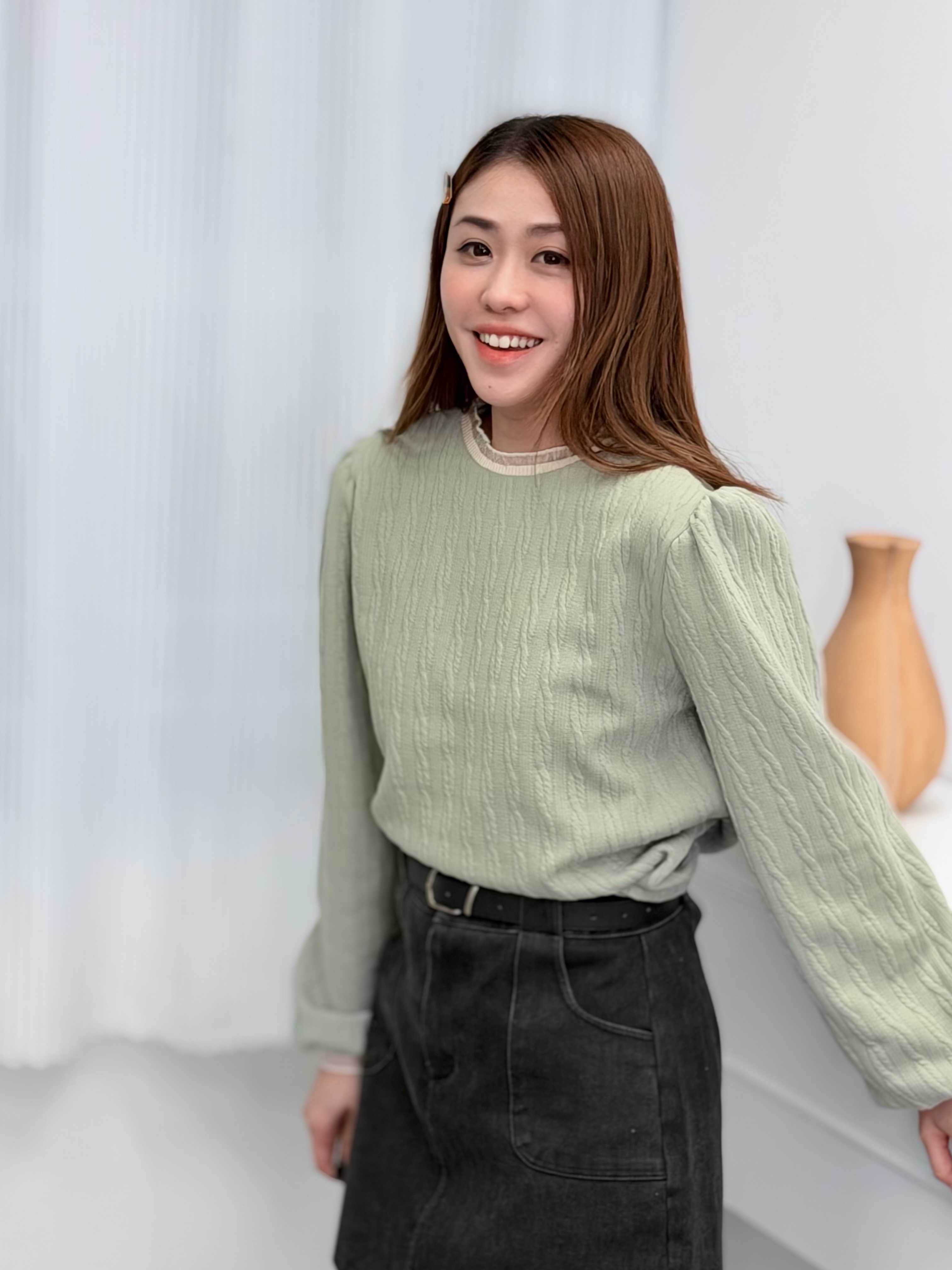 H1016🤎泡泡袖麻花針織上衣