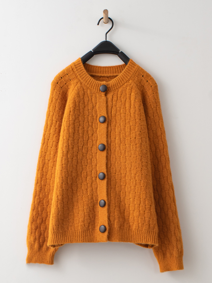 素色格紋織紋仿皮釦針織毛衣外套