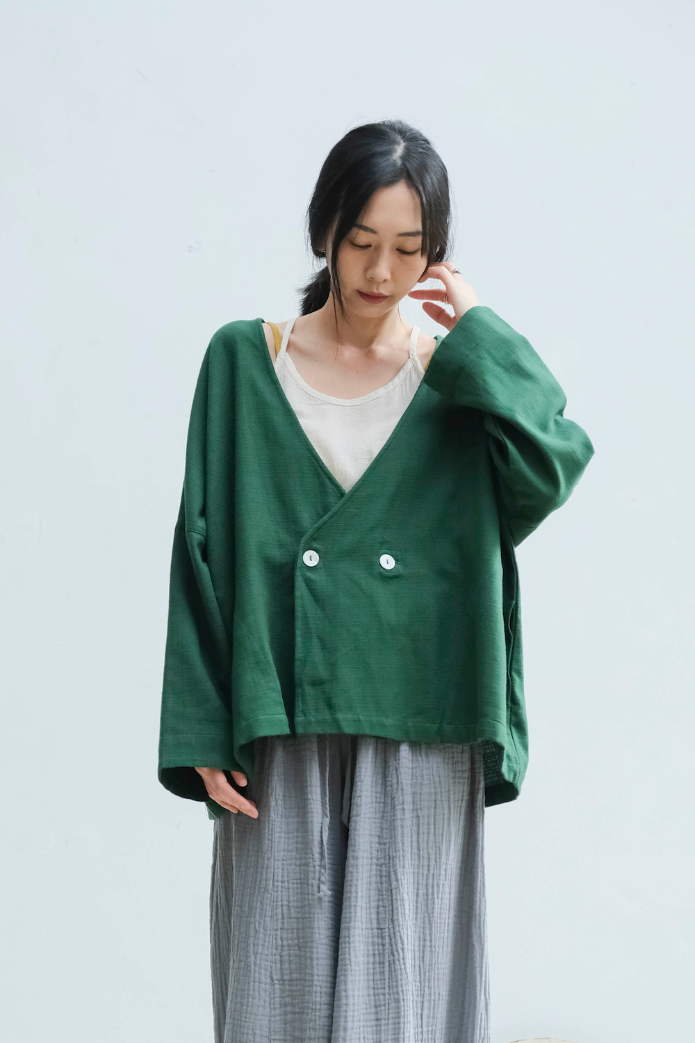 雙釦和式外套 / 礫紋布 森綠