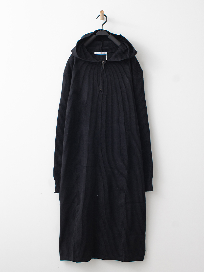 自然質感羅紋拉鍊長版連帽針織洋裝