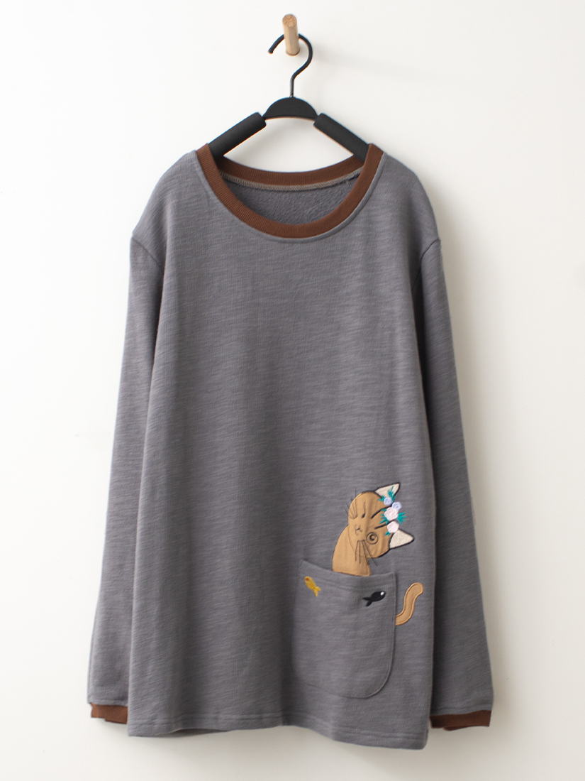 氣質貓咪小魚繡花口袋毛圈布上衣