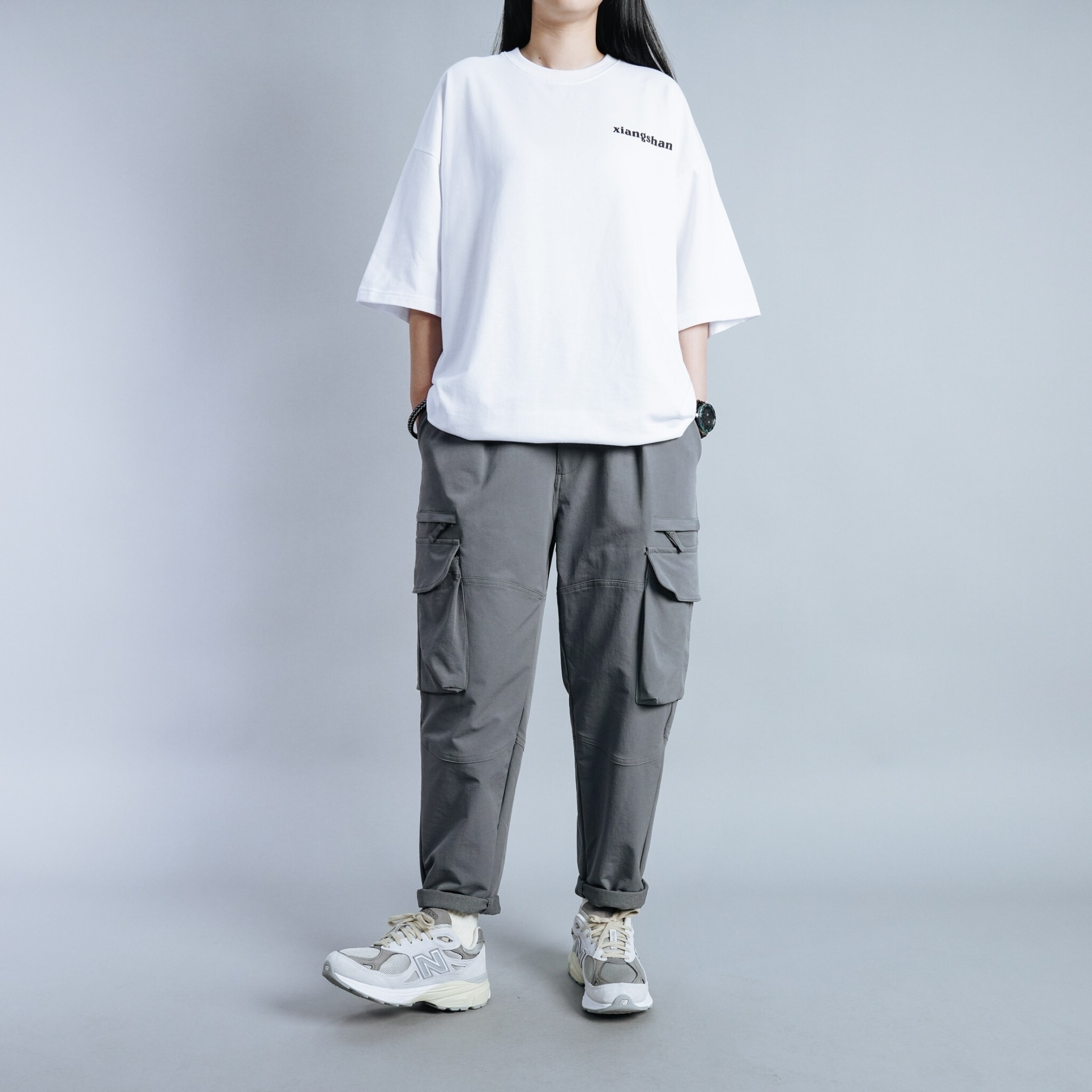 <台灣現貨>多口袋拉鍊工裝彈力長褲 SB0420 黑/灰 二色