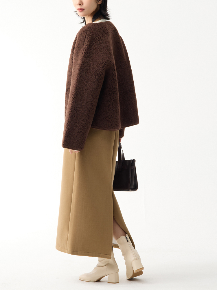 OH！HER 高腰加絨後開衩毛呢半身裙