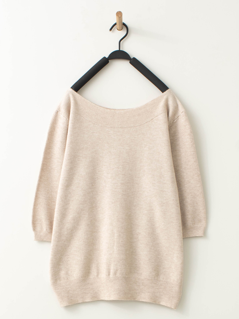 日常簡約船型領棉柔針織七分袖上衣