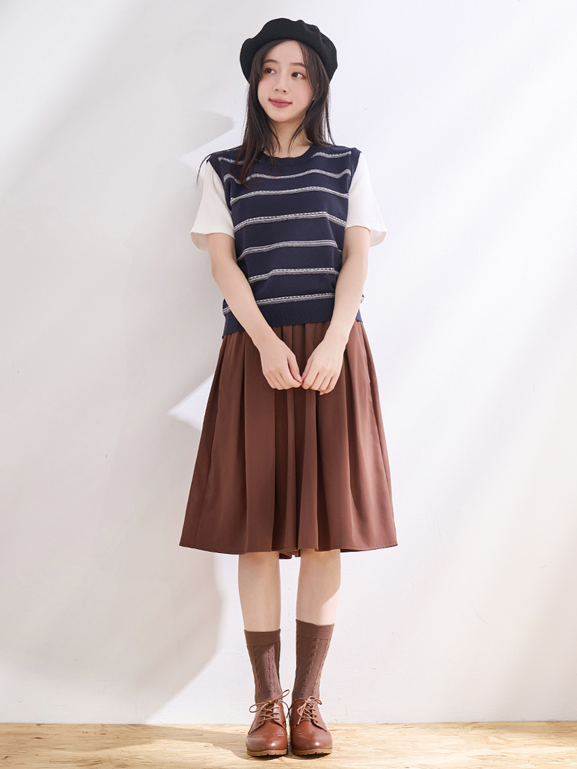 棉柔針織條紋上衣鬆緊腰綁帶六分褲裙組合