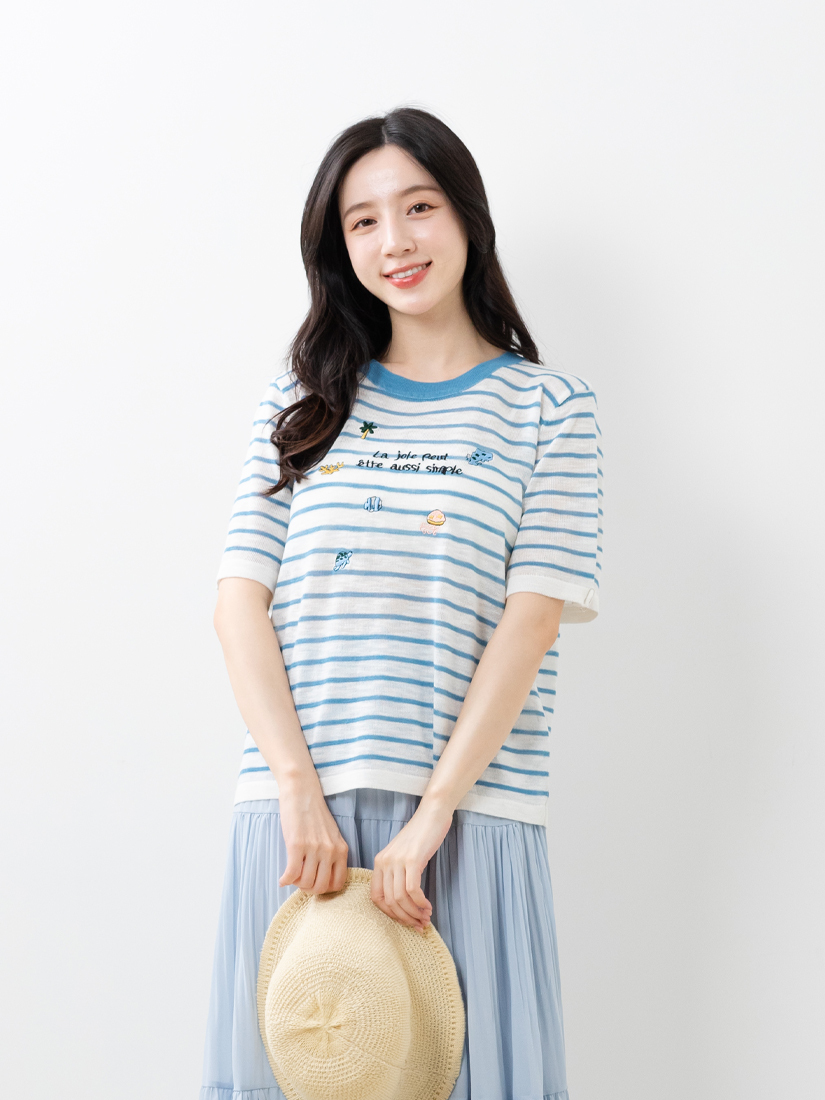 悠閒海洋條紋微透膚針織短袖上衣