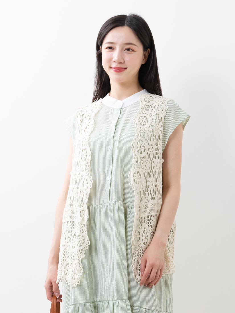 條紋泡泡布後綁帶蛋糕長洋裝