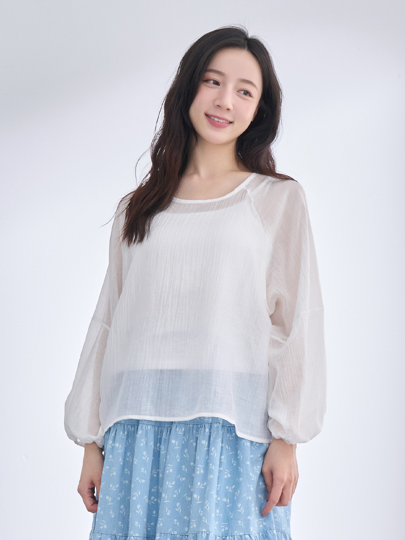 光澤透膚上衣滿印碎花薄棉牛仔蛋糕裙組合