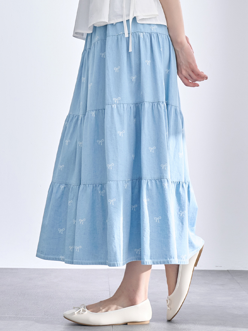 蝴蝶結印花薄棉牛仔蛋糕長裙
