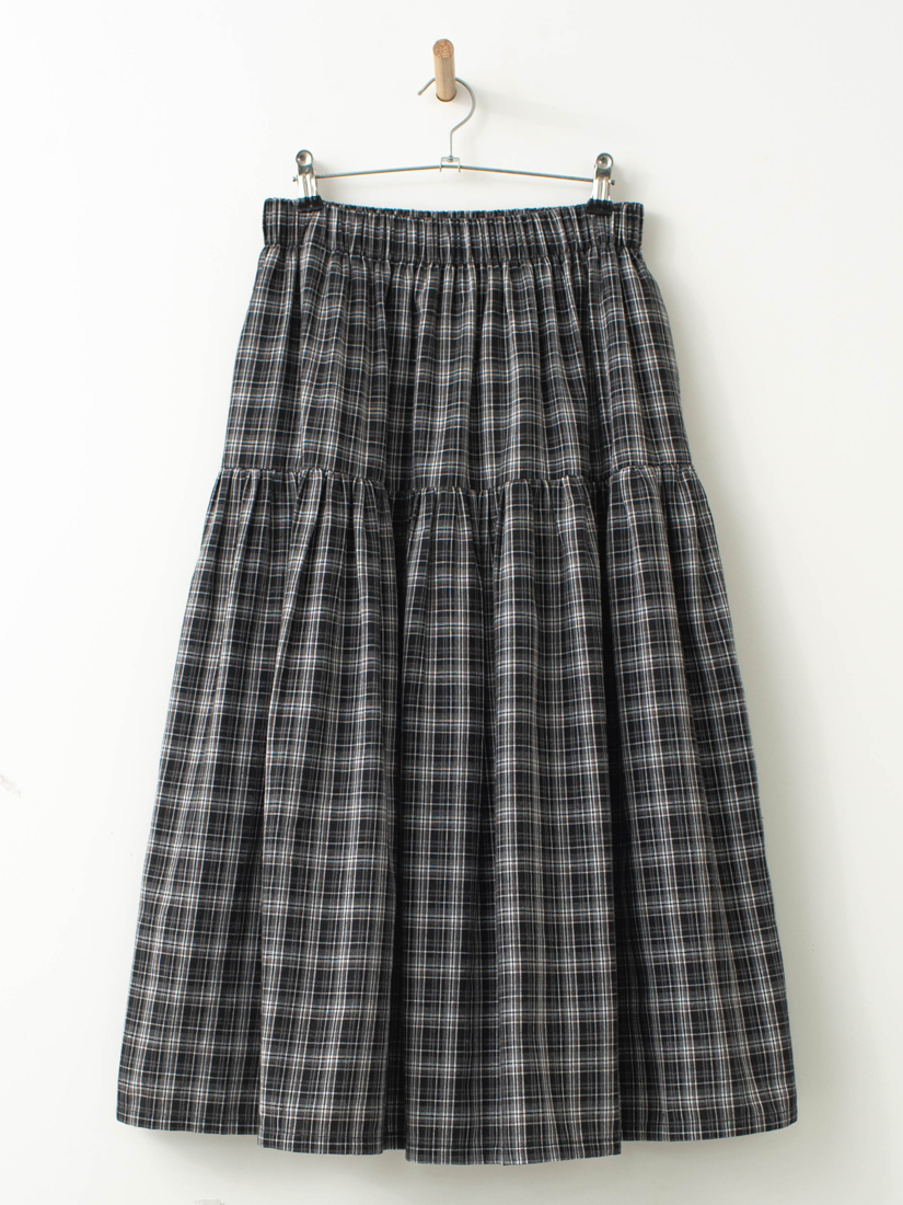 棉麻感格紋剪接細褶裙