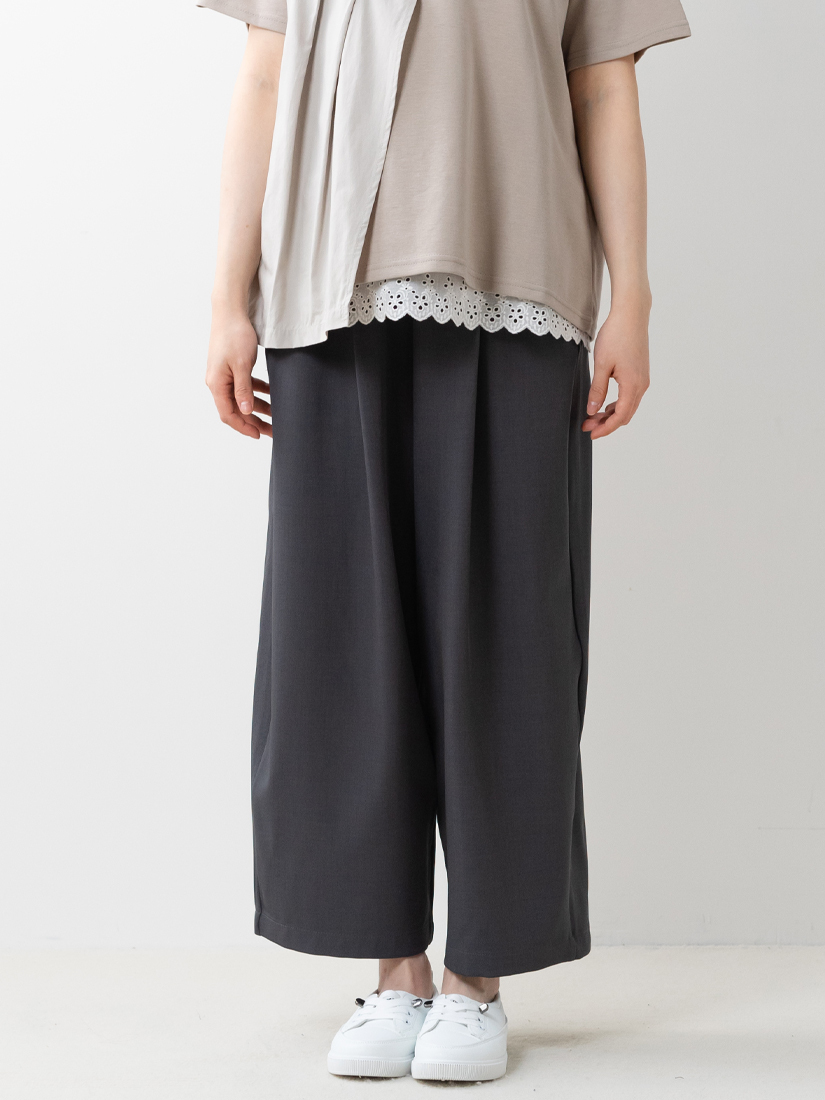 鬆緊腰西裝料打褶九分寬褲