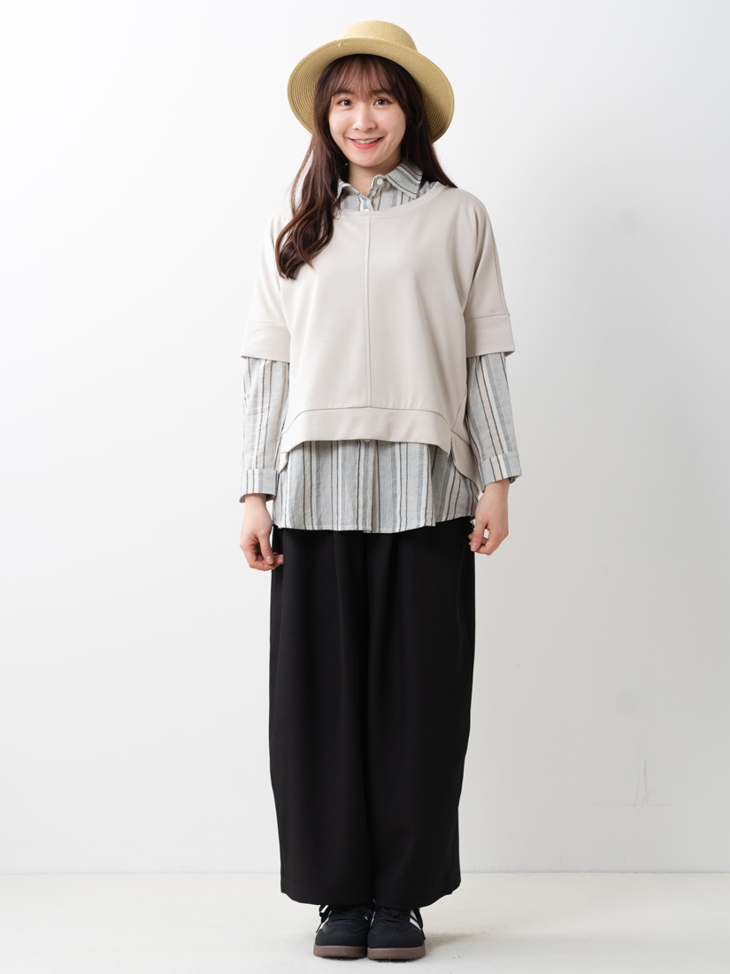 空氣棉短袖上衣薄棉條紋襯衫打褶寬褲組合