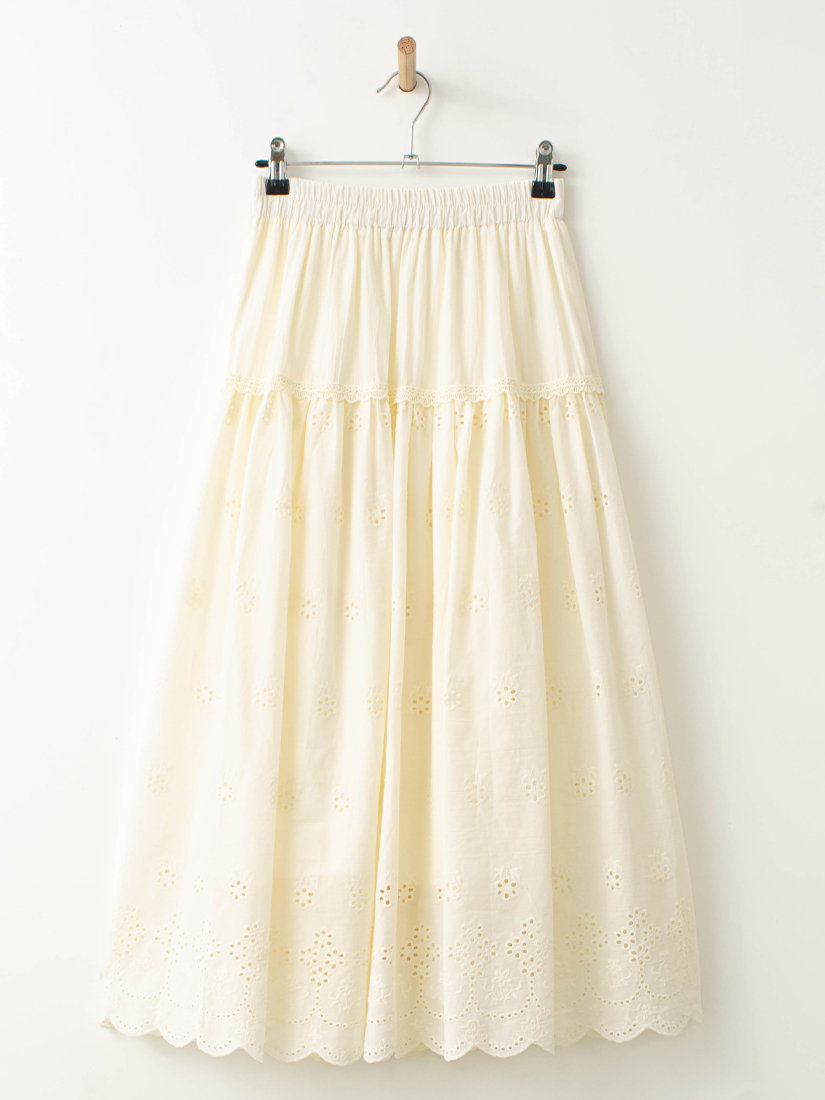 繡花棉布蕾絲細褶長裙