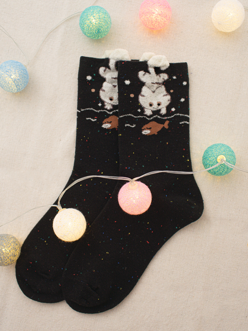 調皮小貓咪茸毛中筒襪