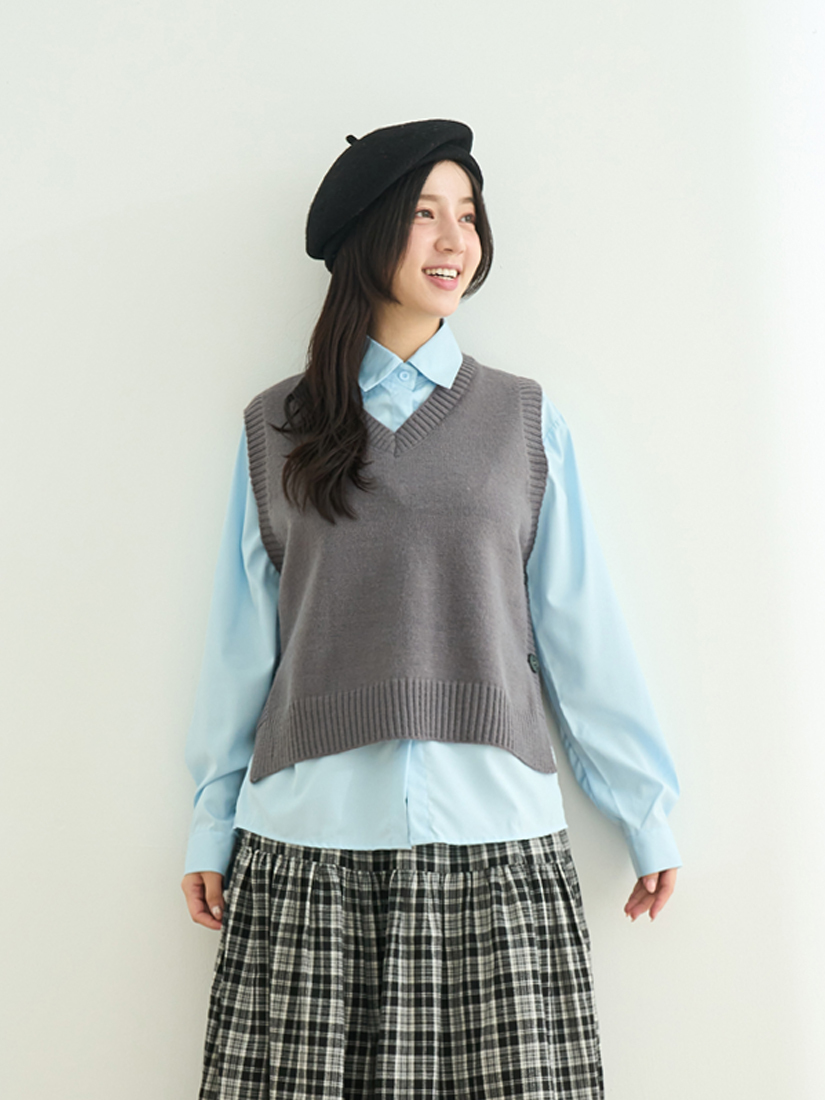 V領開衩針織背心襯衫兩件組