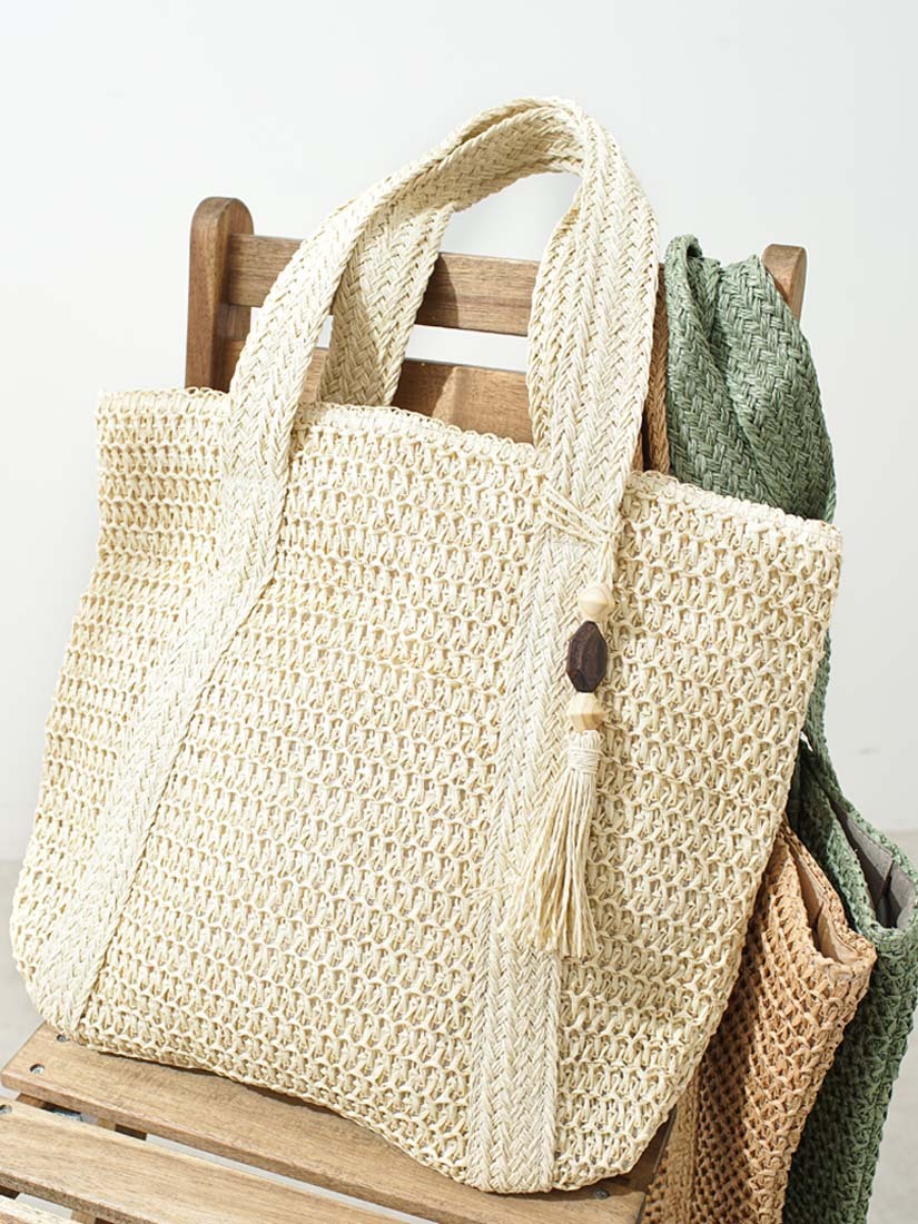 原木流蘇吊飾草編大肩背包(3色)