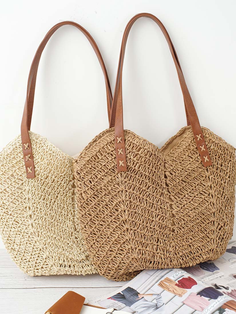 休閒皮革肩背草編包(2色)