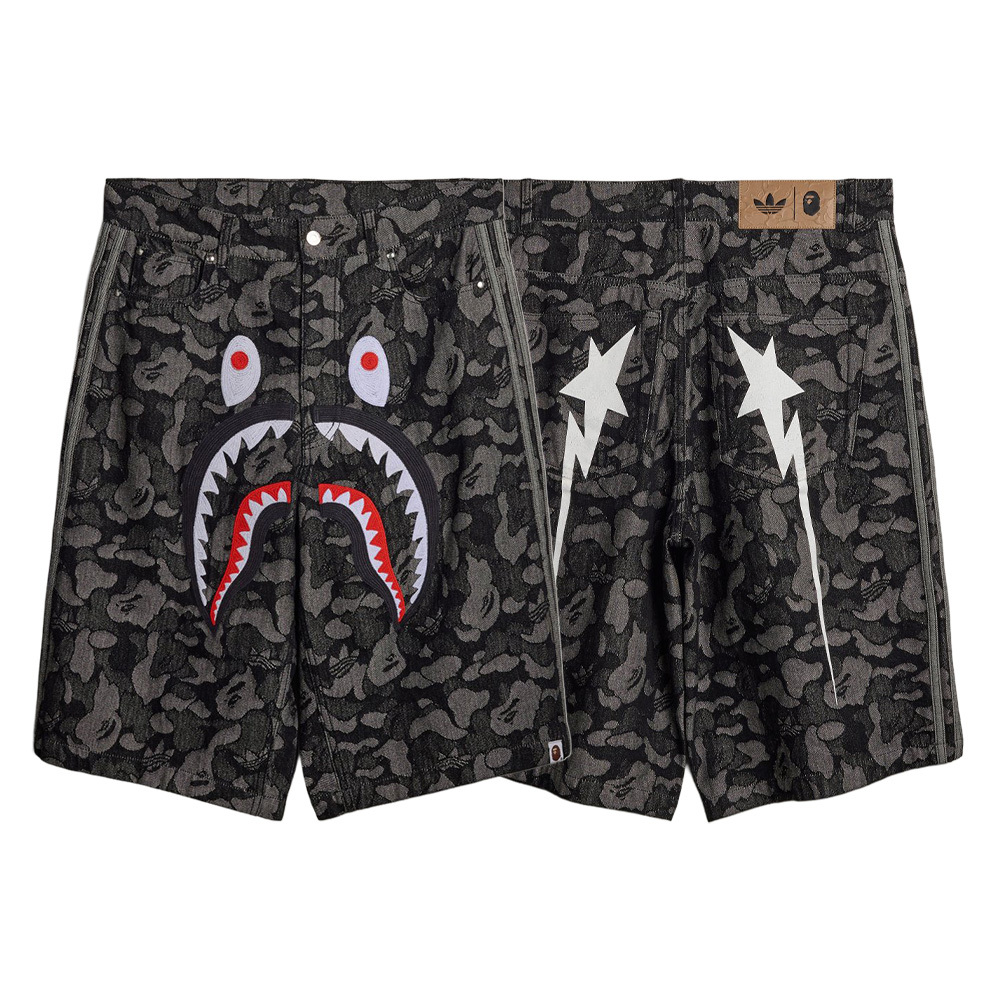 BAPE x adidas Track Shark 丹寧牛仔短褲 七分褲 寬鬆版型 純棉 黑 KF4917-BK