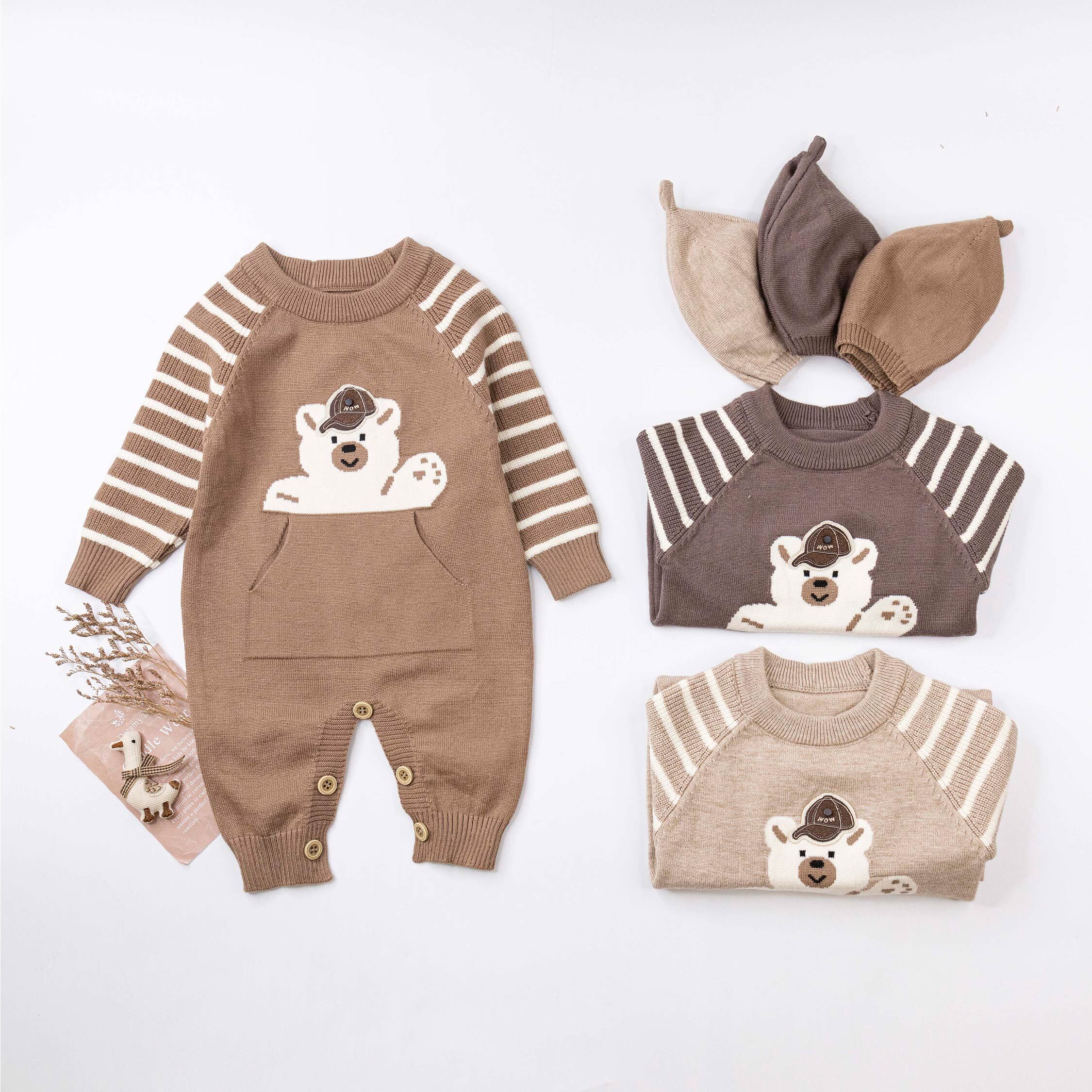 【JG5541】帥氣棒球帽小熊針織連身衣套裝(帽+衣)＊三色