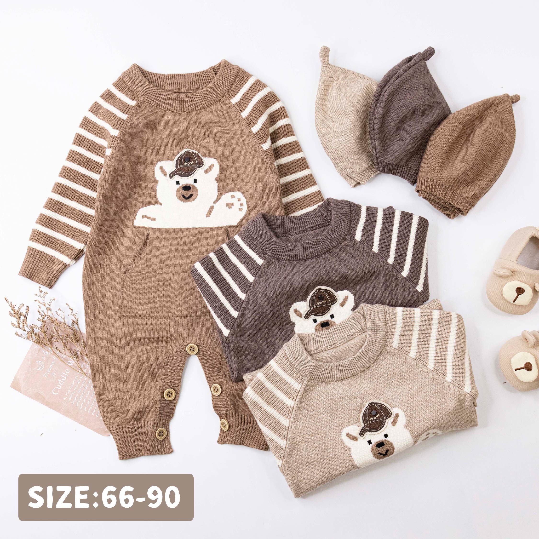 【JG5541】帥氣棒球帽小熊針織連身衣套裝(帽+衣)＊三色