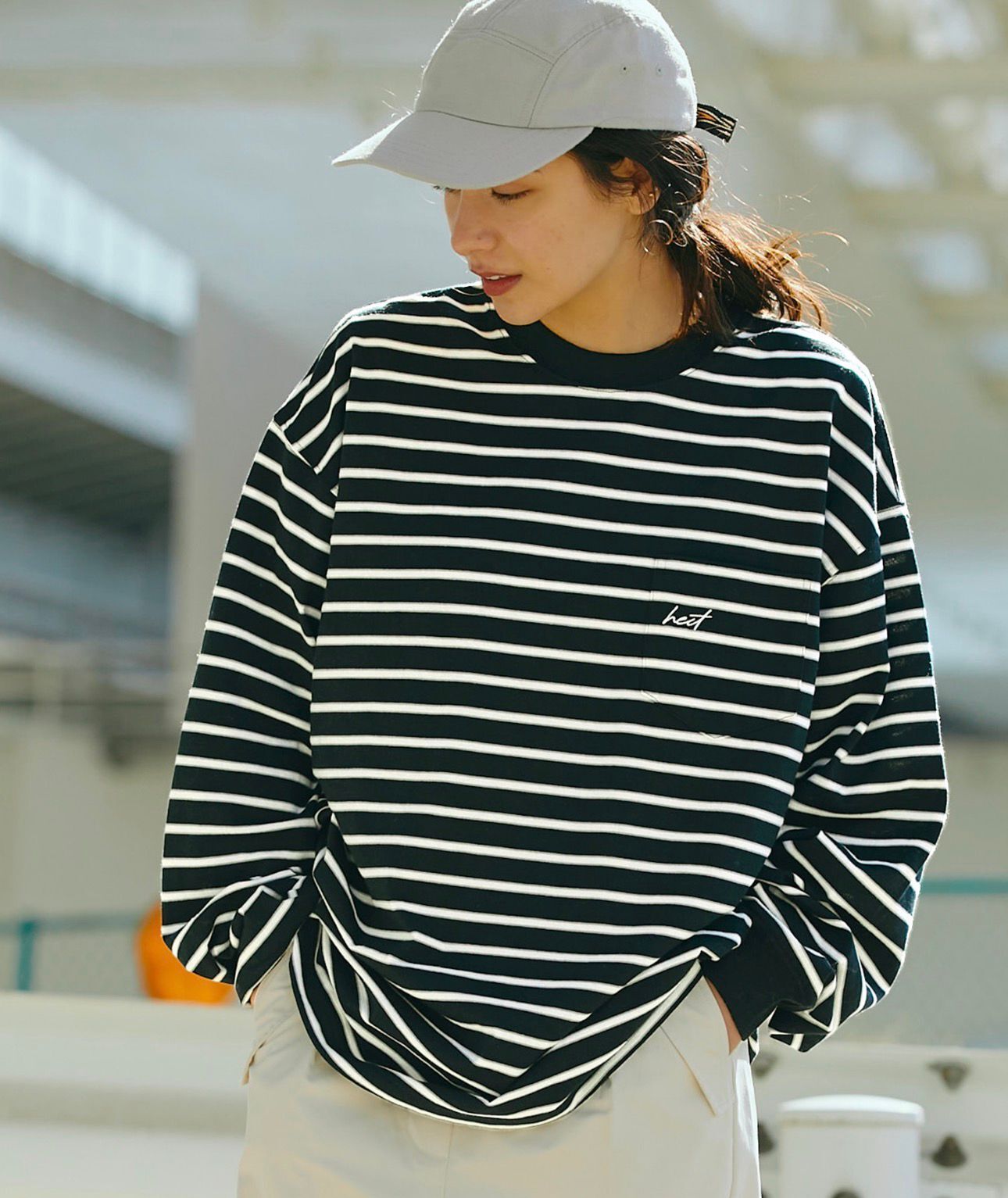 【預購】JN021102  HECT  美式復古落肩條紋口袋長T