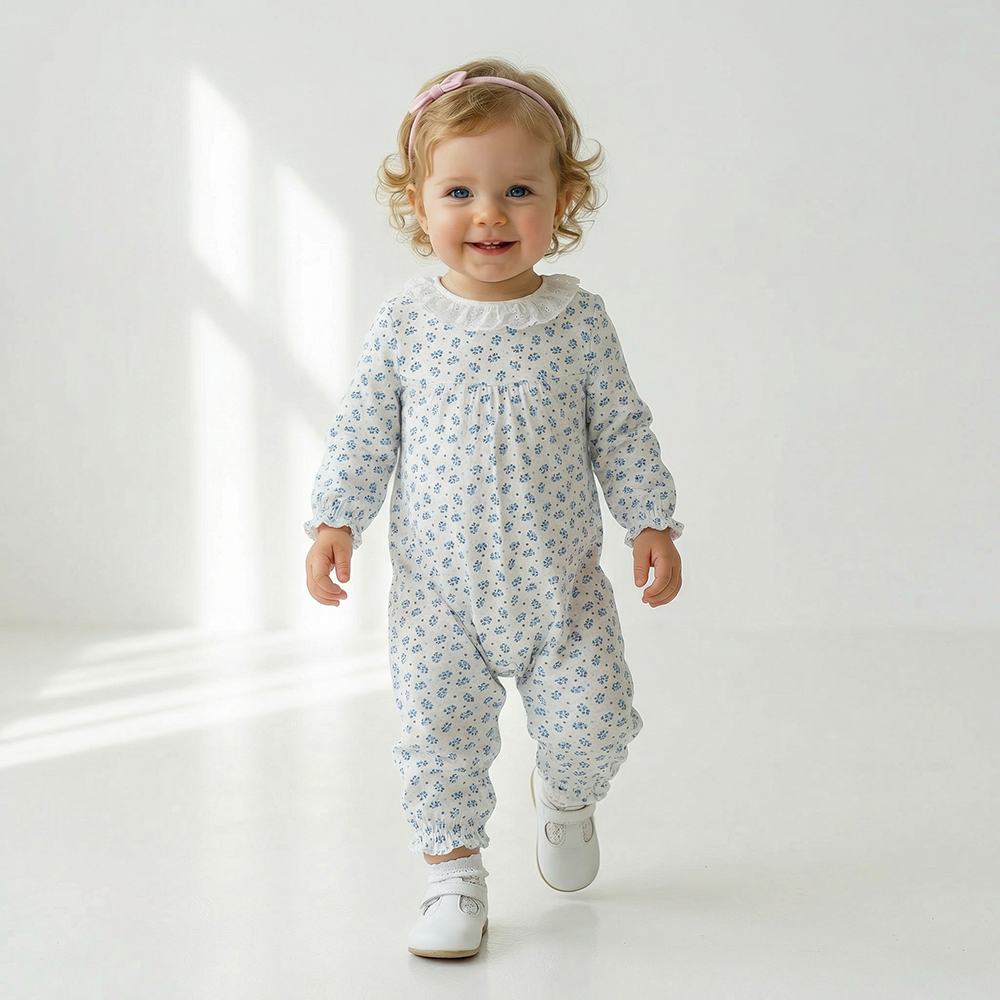 PIPPY 清爽小藍花碎花長袖包屁衣 藍