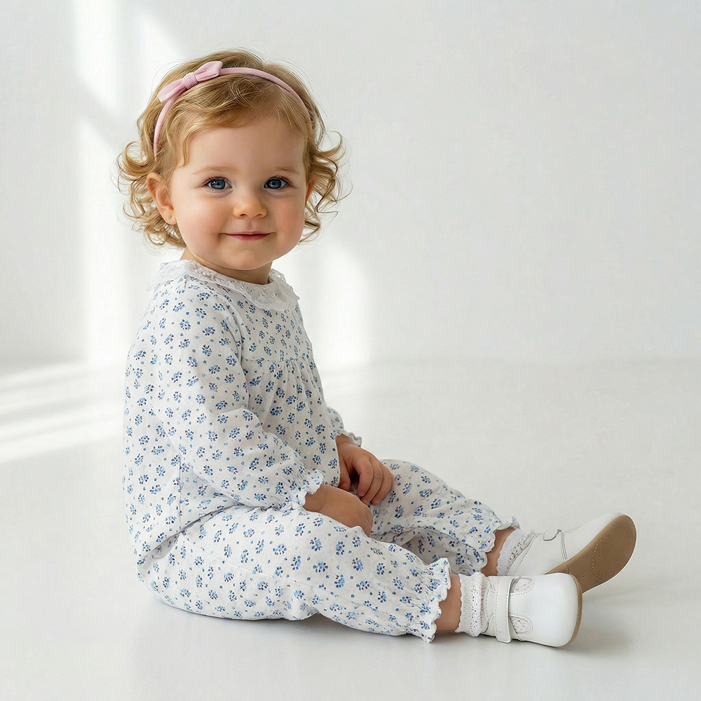 PIPPY 清爽小藍花碎花長袖包屁衣 藍