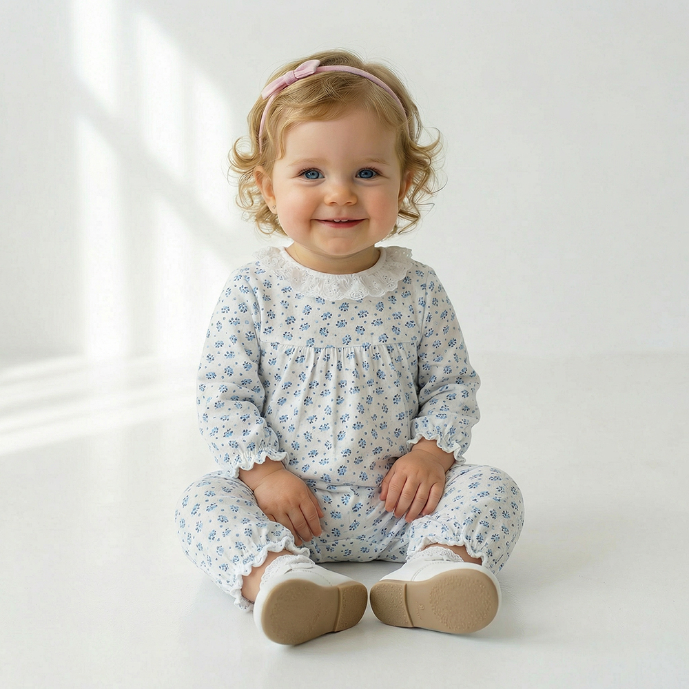 PIPPY 清爽小藍花碎花長袖包屁衣 藍