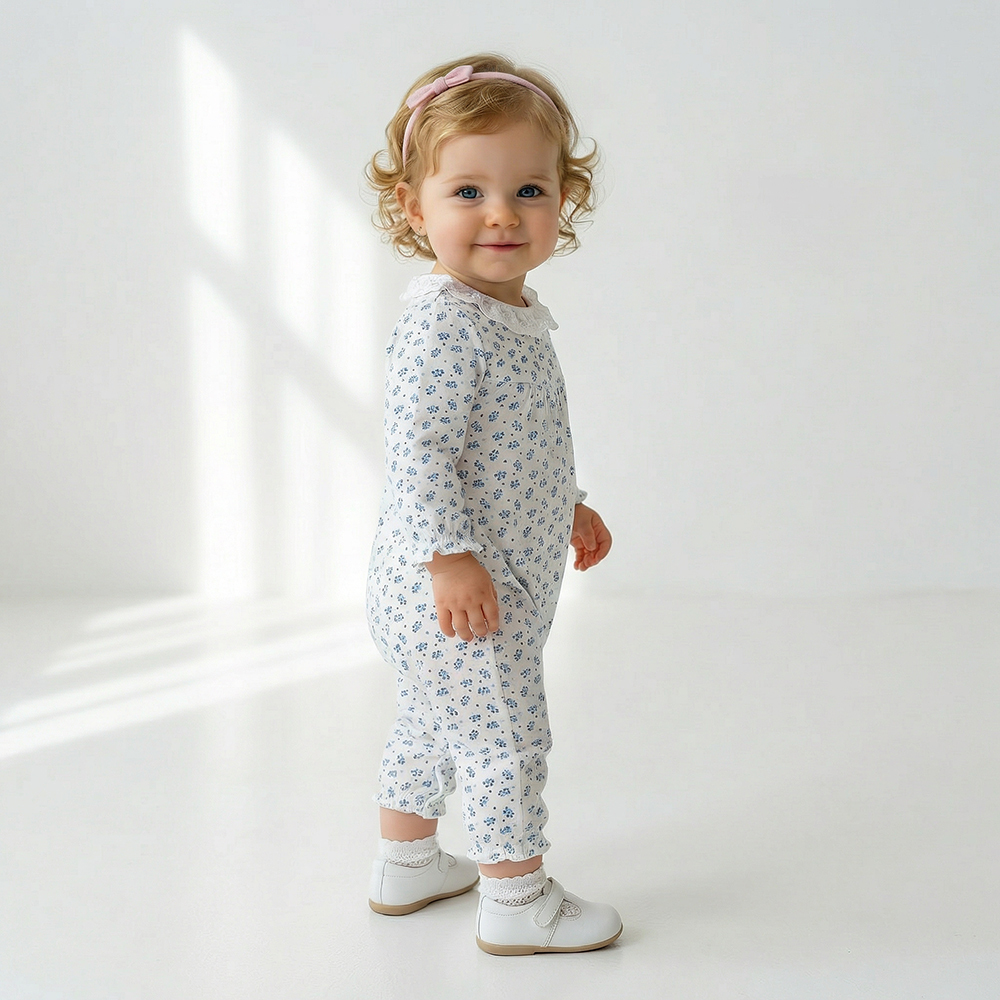 PIPPY 清爽小藍花碎花長袖包屁衣 藍