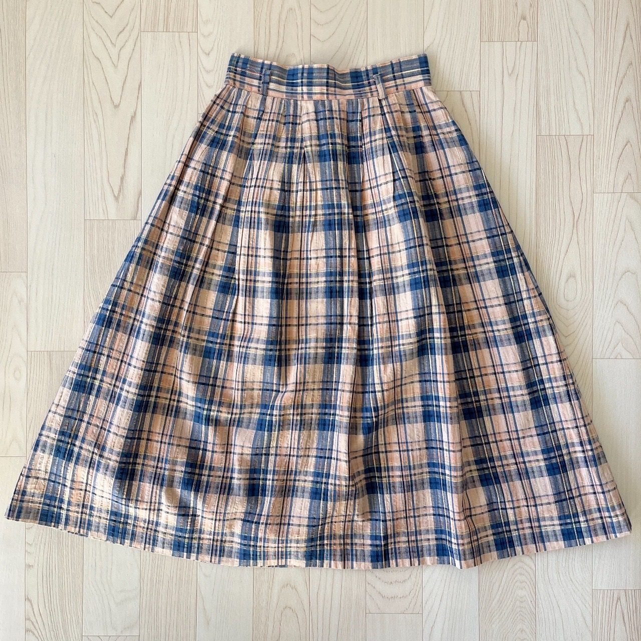 日本製學院風粉藍格紋綿麻半裙